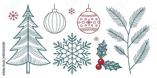 Festive Christmas elements for joyous holiday cards and decorations, evoking winter spirit with pine, ornaments, snowflakes, and holly