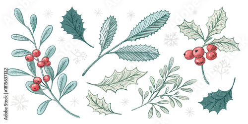 5 Christmas doodles including mistletoe sprigs, berry clusters, and tiny festive details in a cute, simple, and clean vector style.