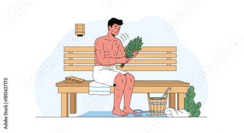 Man relaxing and sweating on a wooden bench in a traditional steam sauna, holding a leafy birch venik for a therapeutic experience.