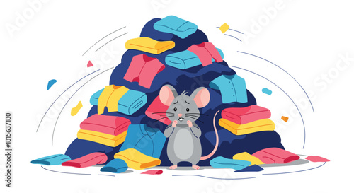 Frightened gray mouse stands before a giant messy pile of colorful, unfolded clothes, symbolizing clutter, hoarding, and disorganization.