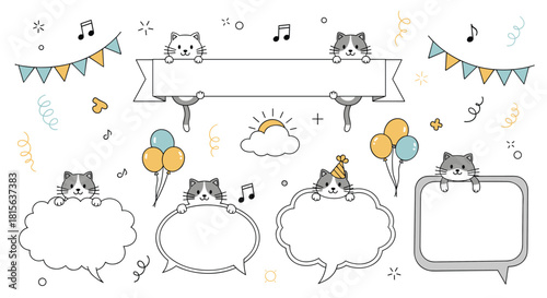 Adorable set of cute gray and white cartoon cats with blank banners, speech bubbles, and party decorations for announcements or greetings.