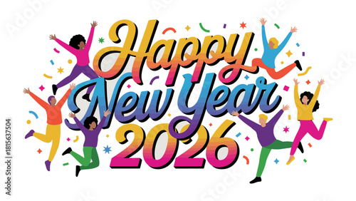 New Year Celebration: A vibrant and colorful illustration of the upcoming New Year, with figures jumping in celebration, confetti, and the year boldly displayed.