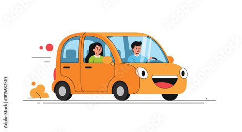 Happy young couple driving a cute and cheerful orange cartoon car with a smiling face, representing a fun journey or test drive.