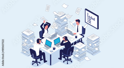 Overwhelmed office workers showing stress and burnout, surrounded by huge piles of paperwork and flying documents in a chaotic workplace.