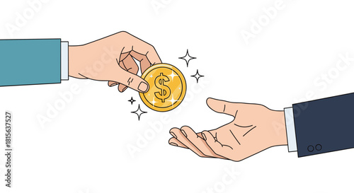 One hand giving a shiny gold dollar coin to another outstretched hand, symbolizing payment, investment, charity, or financial transaction.