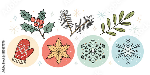 Delightful winter elements for festive designs, hand-drawn style brings a cozy Christmas charm to your holiday creations