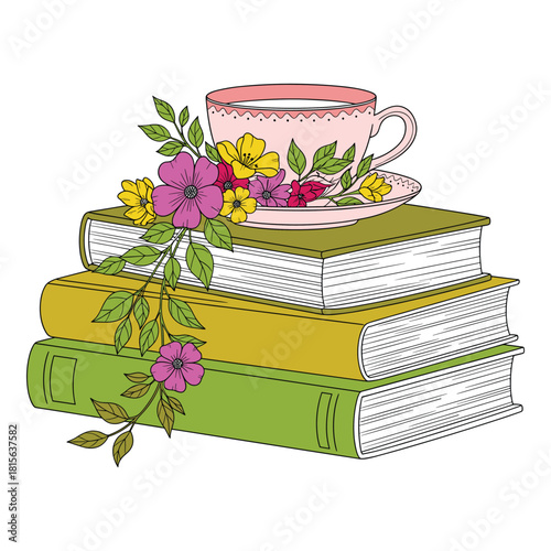 Illustrated stack of books with floral arrangement and pink teacup on top. Vector