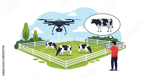 Modern farmer using a drone and tablet for smart agriculture, monitoring a herd of dairy cows in a fenced pasture.