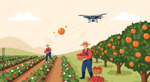 Farmers harvesting fruits and vegetables in an orchard while a drone flies overhead, representing smart farming and modern agriculture.