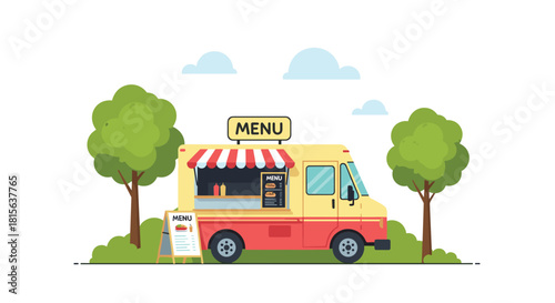 Red and yellow food truck with a striped awning parked between two trees, with a menu board ready for serving street food.