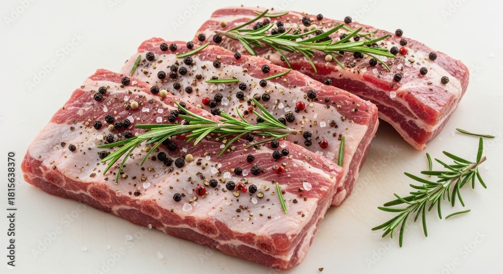 Fototapeta premium Raw pork ribs seasoned with rosemary salt and black pepper ready for cooking