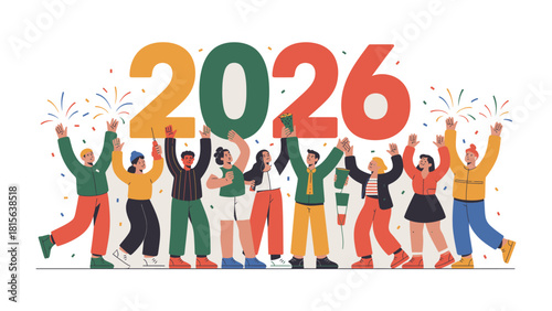 Celebrating the New Year: A group of diverse people ecstatically celebrate the arrival of the year 2026, their joyous faces mirroring a shared sense of optimism and excitement.