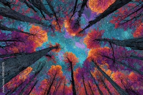 Wallpaper Mural Upward view of forest canopy with colorful autumn foliage against a starry night sky Torontodigital.ca