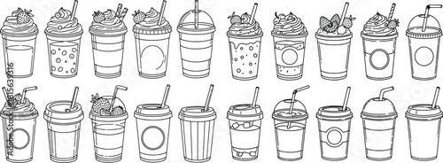 A comprehensive set of outline disposable beverage cups for various cold drinks and takeaway options