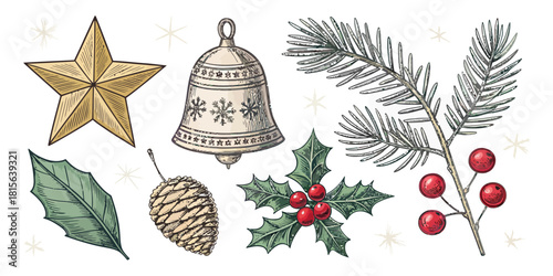 Festive Christmas elements create a joyful holiday scene perfect for cards, invitations, and seasonal promotions with a vintage feel