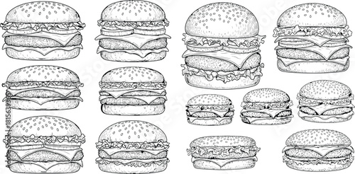 A detailed assortment of classic hamburgers with multiple layers of ingredients in a hand drawn style