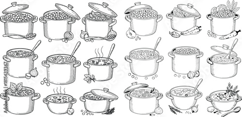 A detailed collection of cooking pots filled with various foods and ingredients, suitable for kitchen graphics