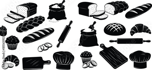 Assortment of bakery items and baking tools including bread, croissants, muffins, flour, and a rolling pin