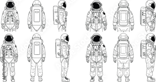 Astronauts depicted in full space suits from front, back, and side views, prepared for cosmic exploration missions