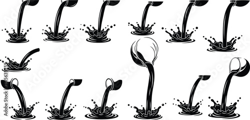 Black silhouette illustrations of liquids pouring from various containers creating expressive splash effects