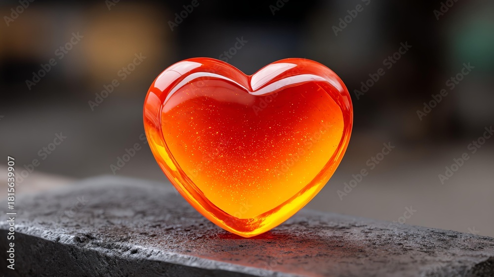 Fototapeta premium Glowing Orange Glass Heart on Rustic Surface – Symbol of Passion and Love
