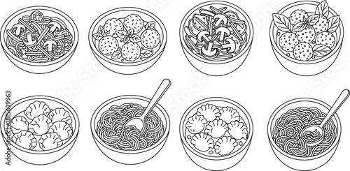 Collection of food bowls featuring pasta dishes and dumplings in a simple line art style