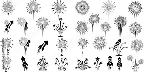 Collection of various fireworks rockets and explosions illustrating celebration events and festive occasions