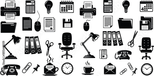 Complete collection of office equipment and essential stationery items as silhouette vectors