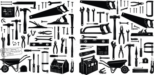 Comprehensive collection of carpentry and construction tools for home renovation and professional trades