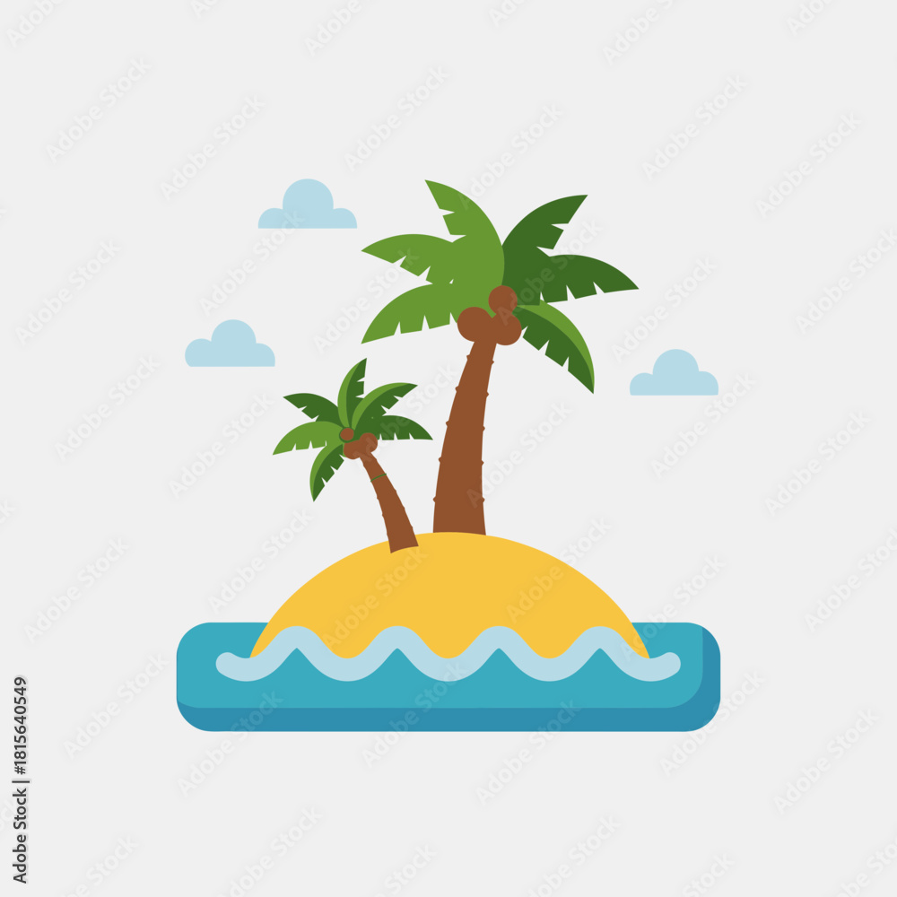 Fototapeta premium Tropical island with palm trees surrounded by blue water and a cloudy sky.