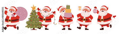 Cute Santa Claus character set against a white background. Father Frost decorates a Christmas tree, carries a sack, and gives gifts. Vector illustration