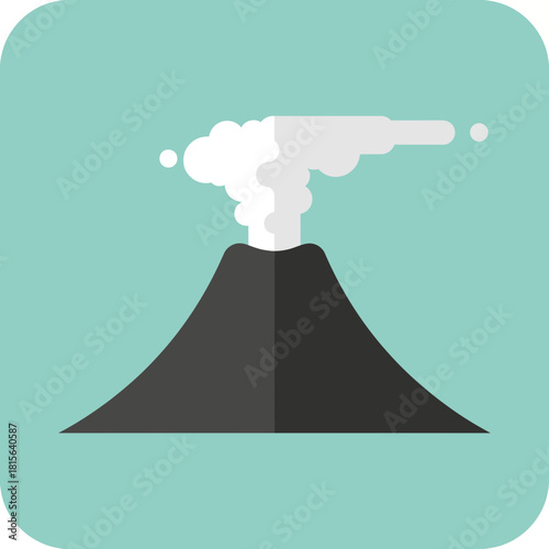Cartoon volcano with smoke on a light blue background square format.