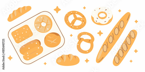 Assorted bakery goods illustration with baguettes pretzels donuts and bread