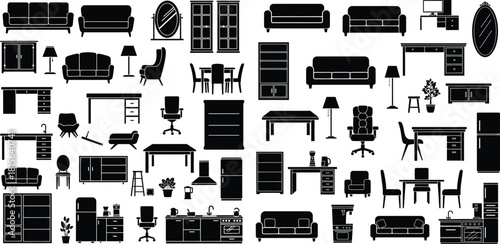 Diverse collection of home furniture and interior elements including sofas, chairs, tables, and cabinets in silhouette forms