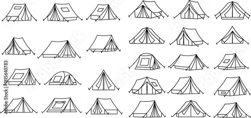 Diverse collection of outdoor camping tents in various shapes and sizes for wilderness adventures and overnight stays