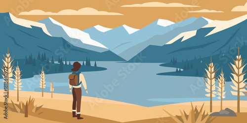 Woman hiker admiring lake and mountain landscape in vector illustration