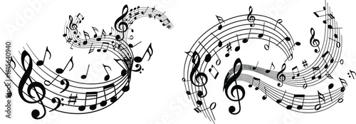 Dynamic composition of flowing musical notes and staves for sound and melody concepts