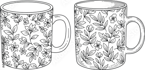 Outline drawing of two ceramic coffee mugs with intricate botanical patterns, perfect for coloring books