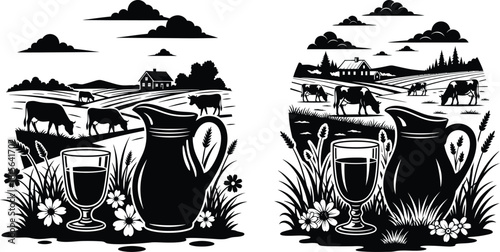 Rural dairy farm landscape illustrations depicting grazing cows, a farmhouse, milk pitcher, and natural flora elements