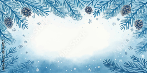 Watercolor winter frame with pine branches and pinecones, inviting seasonal cheer with a blank space for personalized messages