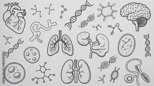 Set of anatomical organ icons hand-drawn line art illustration of human body parts isolated on paper texture background