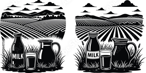 Rural farm landscape illustration showcasing milk containers and a glass in foreground with distant rolling hills