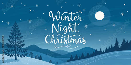Magical winter night Christmas landscape, hand drawn design, snowy mountains with pines and starry sky, holiday season card illustration