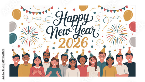 New Year's Celebration: A festive illustration of diverse individuals gathered to celebrate the New Year, full of joy and anticipation.