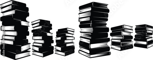 Various tall and short stacks of books representing education and knowledge growth