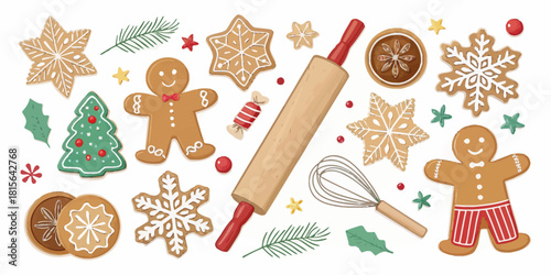 Delightful Christmas baking scene with gingerbread cookies, rolling pin and whisk, perfect for holiday recipes and festive designs