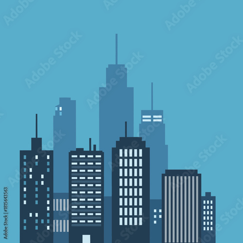 A cityscape silhouette with various buildings and skyscrapers in shades of blue.