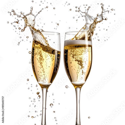 Two champagne flutes clinking together, with splashes and bubbles.