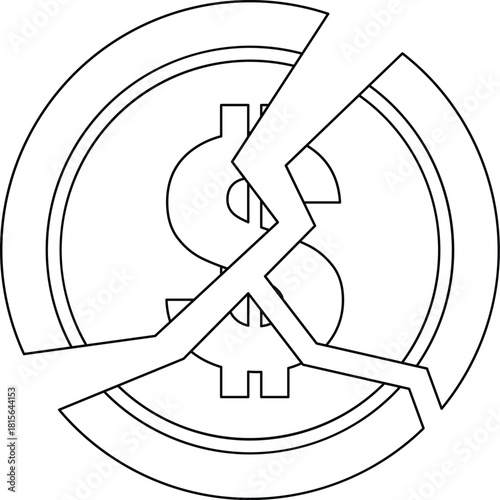 Broken Dollar Coin Outline Icon Illustration on White Background