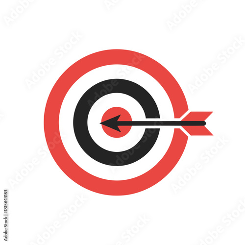 An arrow hits the center of a target with red and black rings.